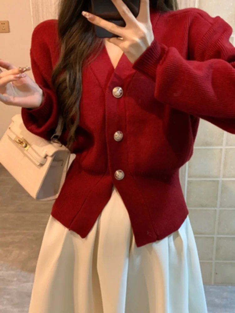 

Red Knitted Cherry Patterned Sweater Coat Women's Slim Fit V-Ne Long Sve Cisas New Year Celebration Top Faionable ...