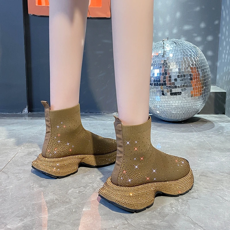 Top Quality Thick Sole Bling Sneakers Sock Booties Elastic Botas Rhinestone Loafers Stretch Boots Shiny Casual Crystal Shoes