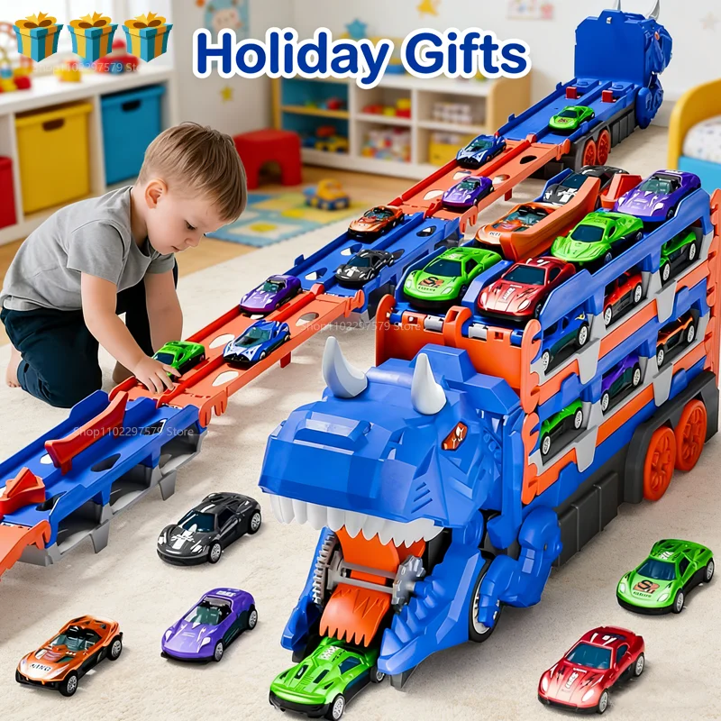 ของเล่นรถบรรทุกขนส่งไดโนเสาร์พร้อมรถแข่งขึ้นรูป 12 คัน รถไดโนเสาร์แปลงร่างพร้อมที่จับ ของขวัญสำหรับเด็กชายและเด็กหญิงอายุ 3-5 ปี