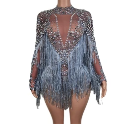 Designer See Through Tassel Sleeves Women Mesh One Piece Jumpsuits DS Dance Leotard Show Performance Costume Rhinestone Bodysuit