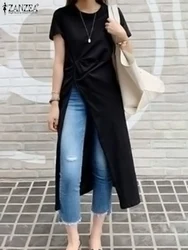 ZANZEA 2024 Summer Irregular Midi Tops Casual Solid Split Tunic Oversized Women Fashion Blouse Ladies O-neck Loose Blusas