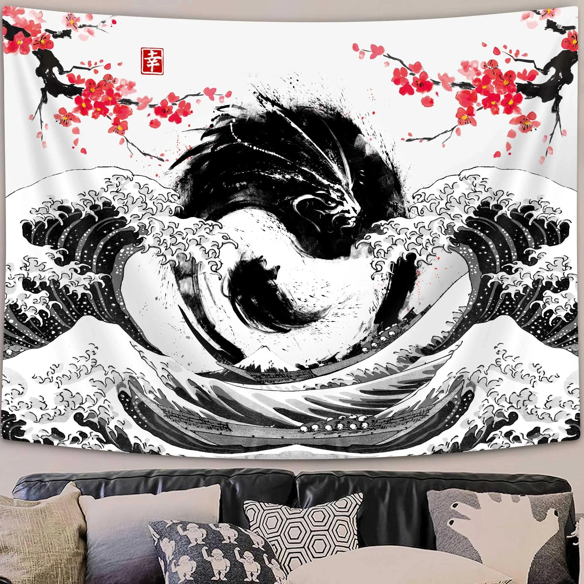 Japanese Wave Dragon Art Tapestry Wall Hanging Anime Style Japanese Culture Decor for Living Room Bedroom