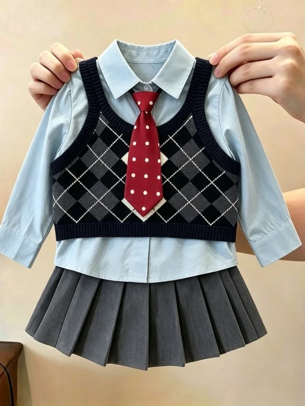 Girls' Fashionable Long Sleeve Three-Piece Set Skirt Vest School Style Children's Clothing Autumn Collection Online Exclusive