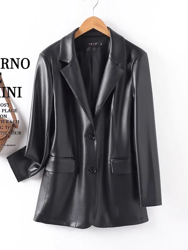 Damski płaszcz ze skóry naturalnej, średniej długości, w stylu Yang Mi, elegancki, na wiosnę i jesień, z wyższej półki, skóra bydlęca, styl biznesowy.