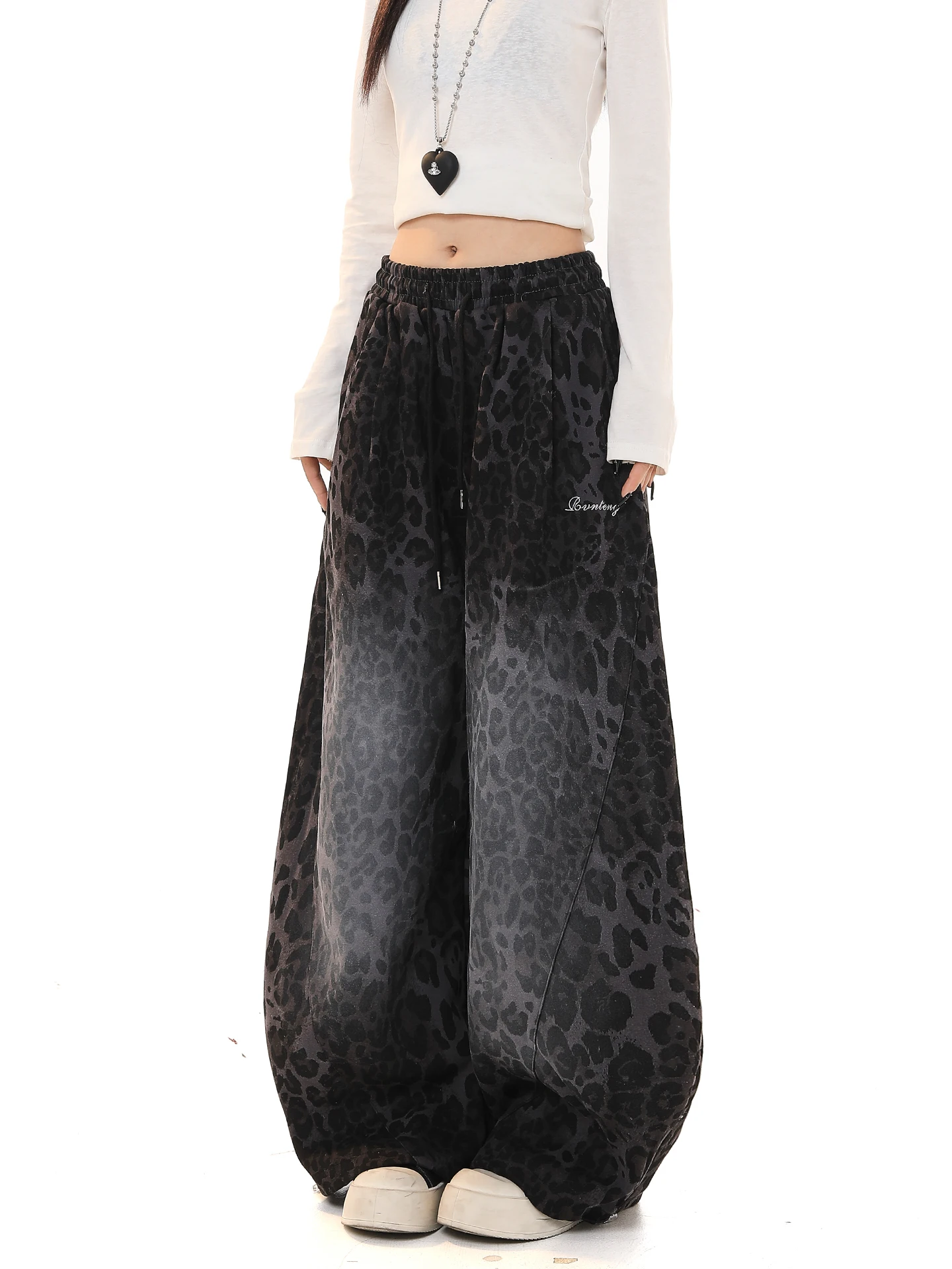 Retro American Washed Leopard Print High Waist Wide Leg Pants Women's Spring Autumn Loose Casual Drapey Straight Knife Pants