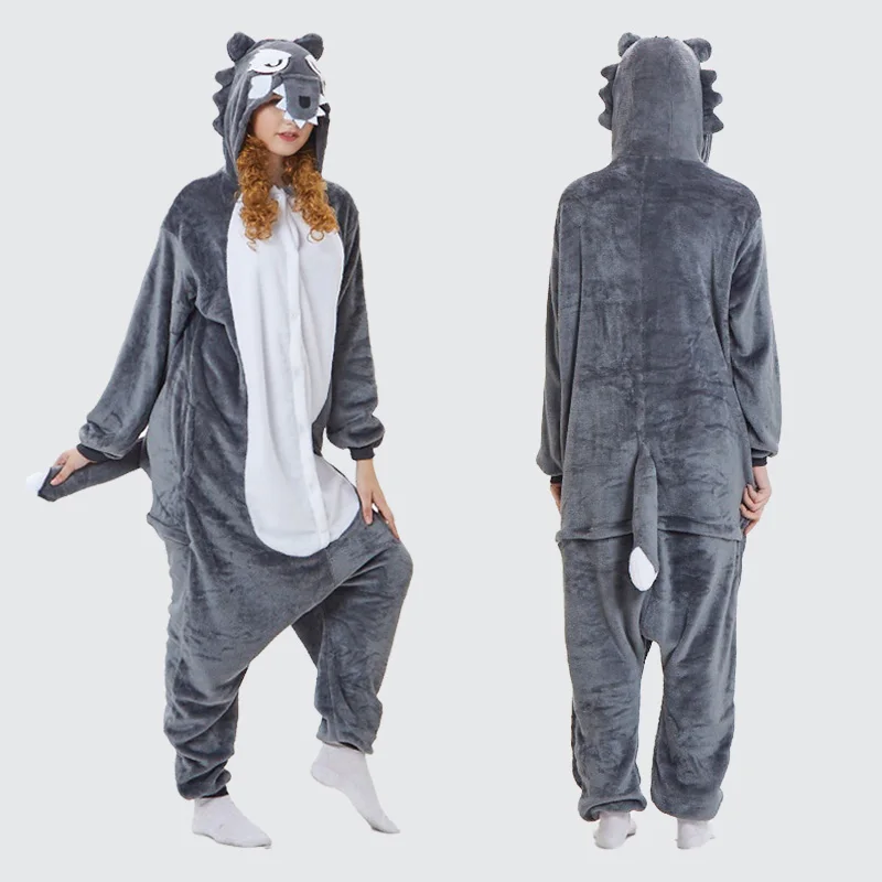 Grey Wolf Onesies Winter Thicken One-Piece Pajamas Long Sleeve Sleepwear Homewear Loungewear Nightgown Halloween Cosplay Costume