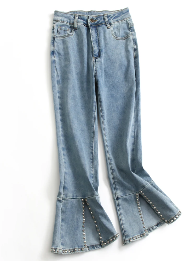 

High Waist Skinny Jeans Women's Blue Denim Micro Flare Pants Nine Points Rivet Split Wear Resistant Stretchy Torn High Waist