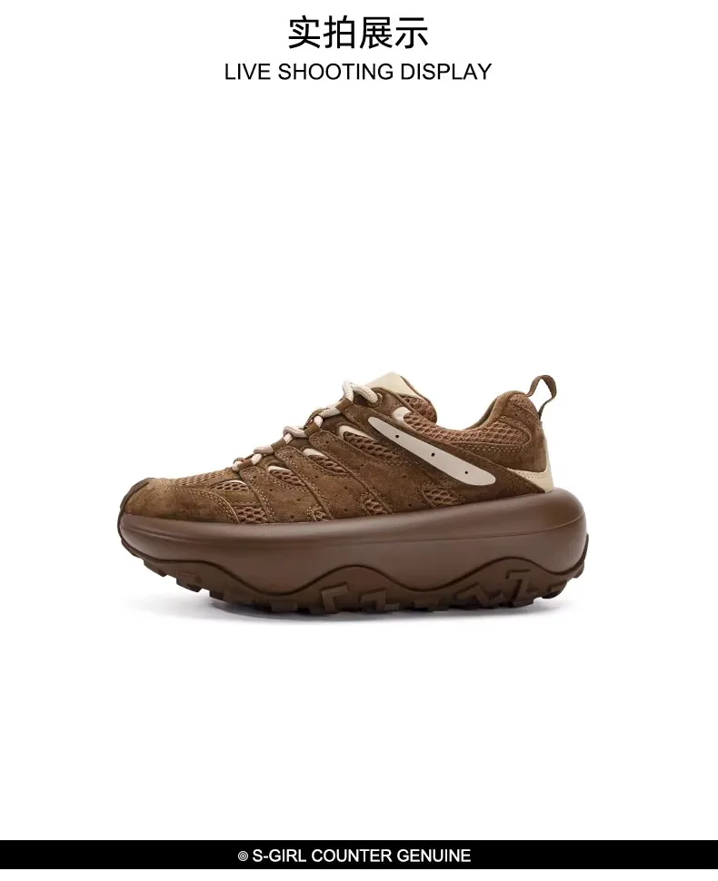 

New Leather Mesh Thick-Sole Women's Tread Shoes Anti-Slip Women's Sneakers Breathable Women's Sponge-Sole Dad Shoes