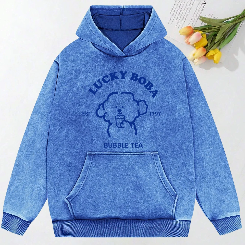 Lucky Dog Drink Bubble Tea Stampa Donna Abiti lavati Vintage Allentato Streetwear Felpe con cappuccio tascabili Abbigliamento sportivo in cotone autunnale