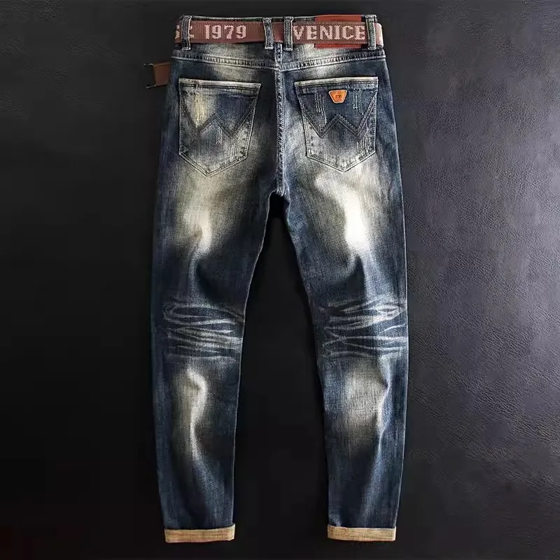 Designer Y2K Fashion Men's Slim Fit Jeans Elastic Split Pants Retro Embroidered Casual Blue Hombre