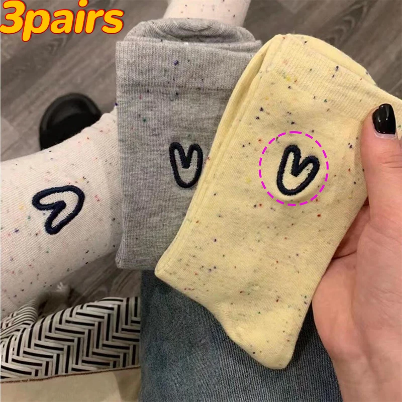 1-3pairs Love Pattern Socks Women Crew Mid-tube Cream Style Sock Casual Heart Embroidered Streetwears Dot Thin Hosiery socks