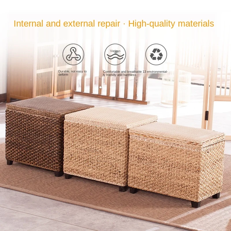 Handknitted Solid Wooden Storage Stool Light Simple Rattan Pouf Breathable Strong Loadbearing Portable Step Stool