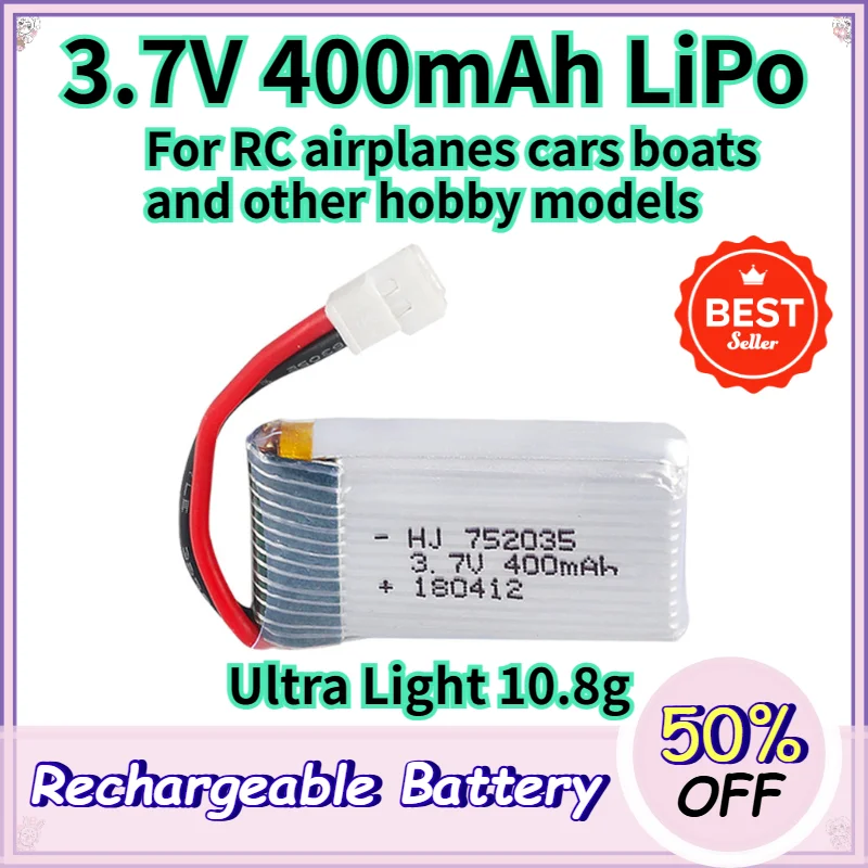 HJ752035 3.7V 400mAh Li-Po High Discharge Rate Battery designed for RC airplanes cars boats and other hobby models