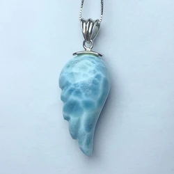 Natural  Blue Larimar Angel Wings Shape 925 Silver Pendant Necklace цепочка For Women Man  Fashion Simple Gemstone FineJewelry