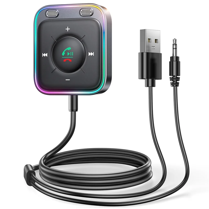 บลูทูธ 5.3 อะแดปเตอร์รถAUX Dual Micsเครื่องส่งสัญญาณตัดเสียงรบกวนมือฟรีตัวรับสัญญาณไร้สายเครื่องเสียงรถยนต์ชุดสเตอริโอ