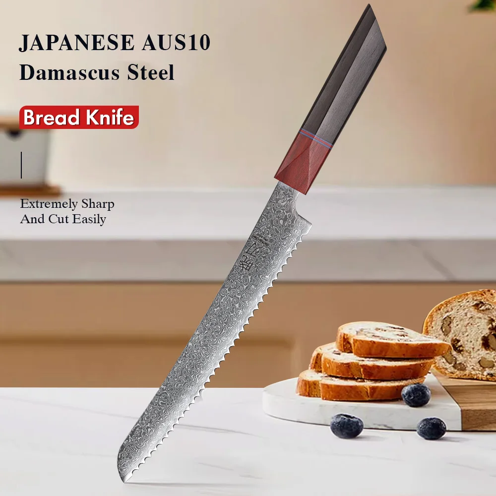 手作りダマスカス鋼包丁、日本人シェフナイフ、鋸歯状パンナイフ、カッティングチーズケーキトースト、調理器具、85インチ