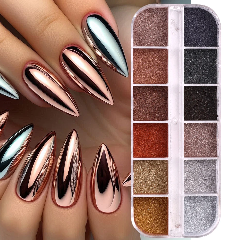 12 Grids Autumn Winter Color Dark Nail Glitter Pigment Magic Mirror Brown Silver Gold Rub Powder Gel Polish Dust Manicure Decor