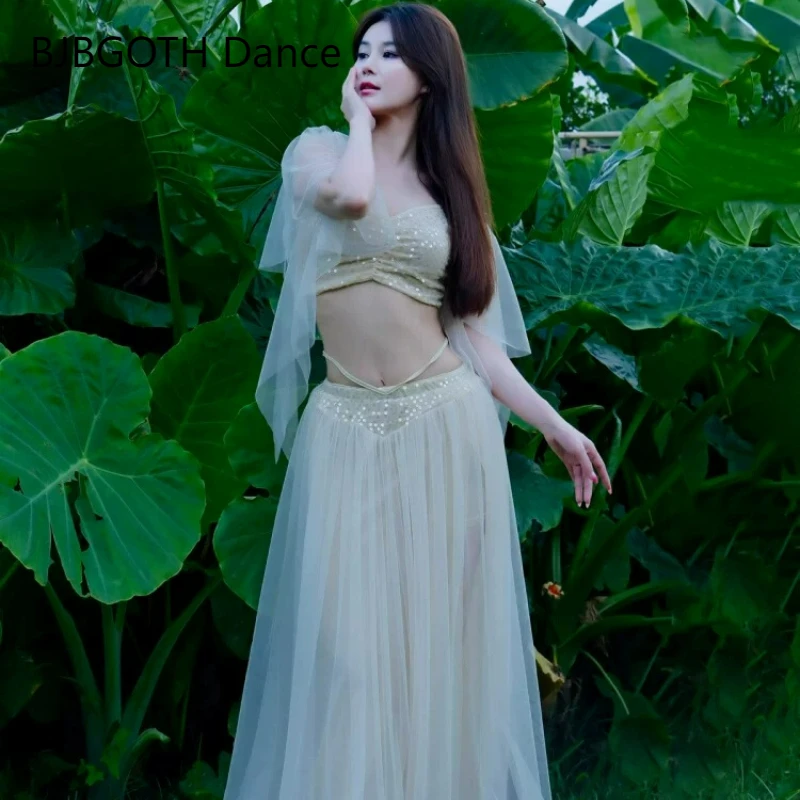 Belly Dance Costume Women Black White Top And Mesh Skirt Outfit For Adult Stage Performance Personal Practice Clothes Size M-XL