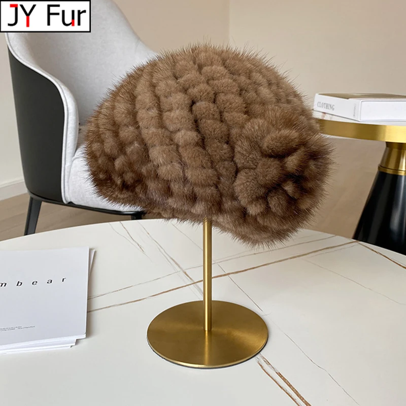 Bomber Hat For Women Winter Hand Knitted Real Mink Fur Cap Natural Warm Mink Fur Hats Lady Luxury Quality Genuine Mink Fur Caps