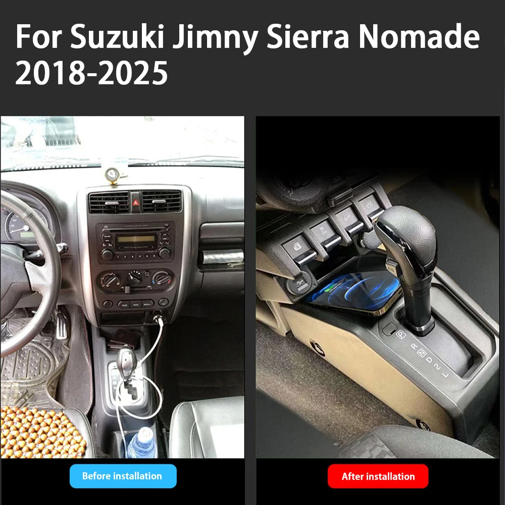 Car Wireless Mobile Phone Charger Center Console Storage QI 18W iPhone fast charge for Suzuki Jimny Sierra Nomade 2018-2025