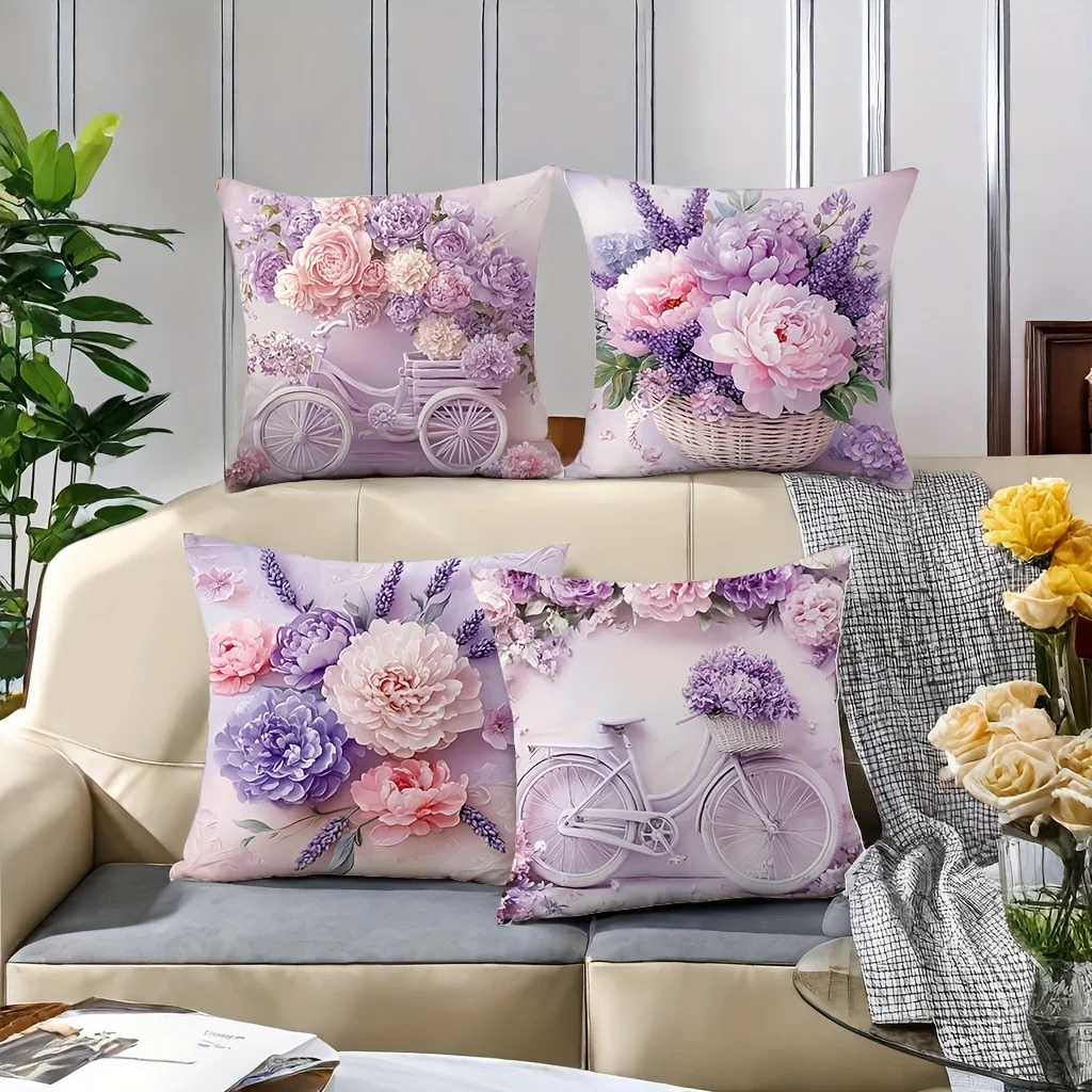 4 Pcs Purple Floral Pillow Cover Set,Unique Floating, Bicycle & Flower Basket Print Design for Sofa, Car & Bedroom Cushion Decor