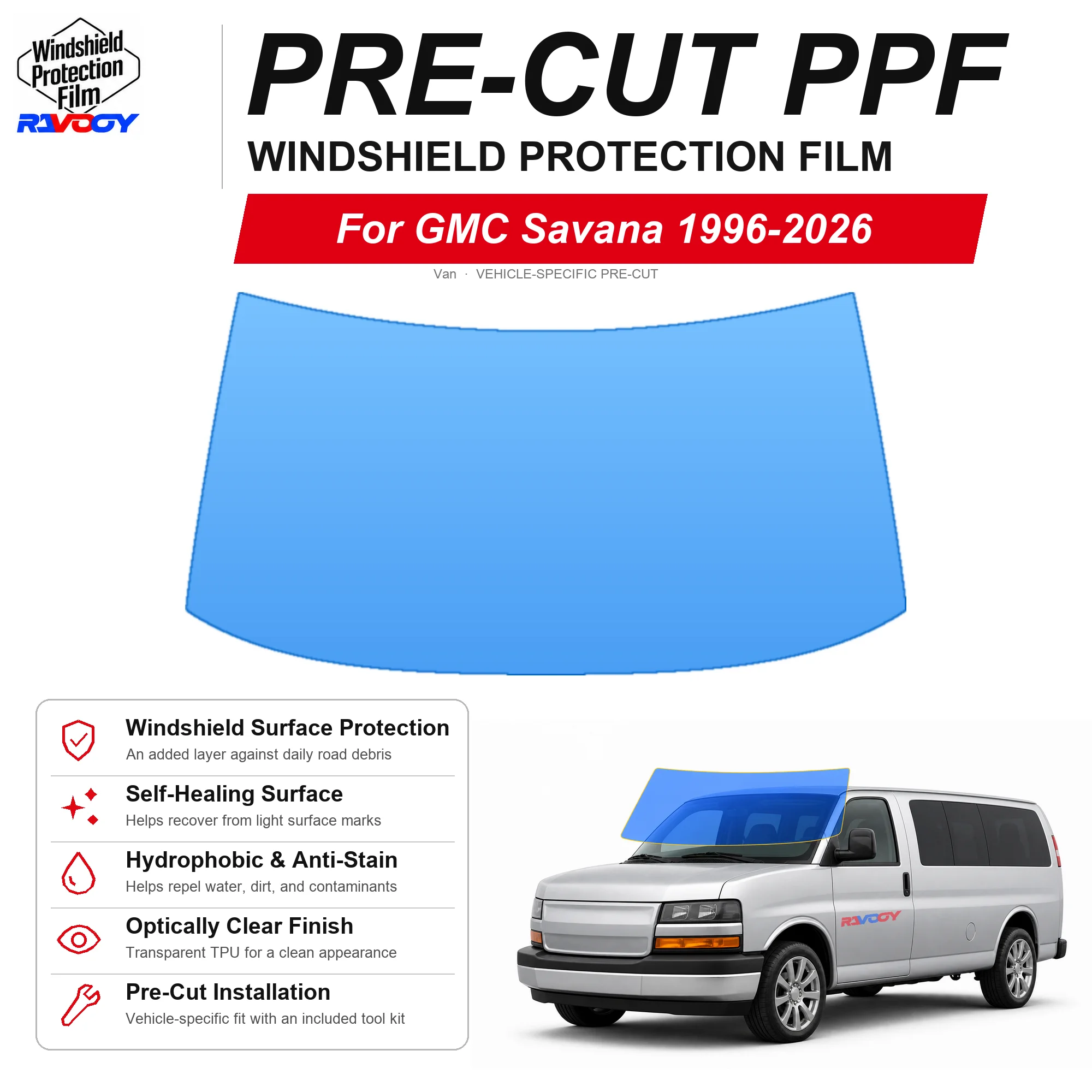 RAVOOY Pre-Cut Front Windshield Protection Film For GMC Savana Van 1996-2026 6.5mil Clear TPU UV Blocking Hydrophobic Tool Kit
