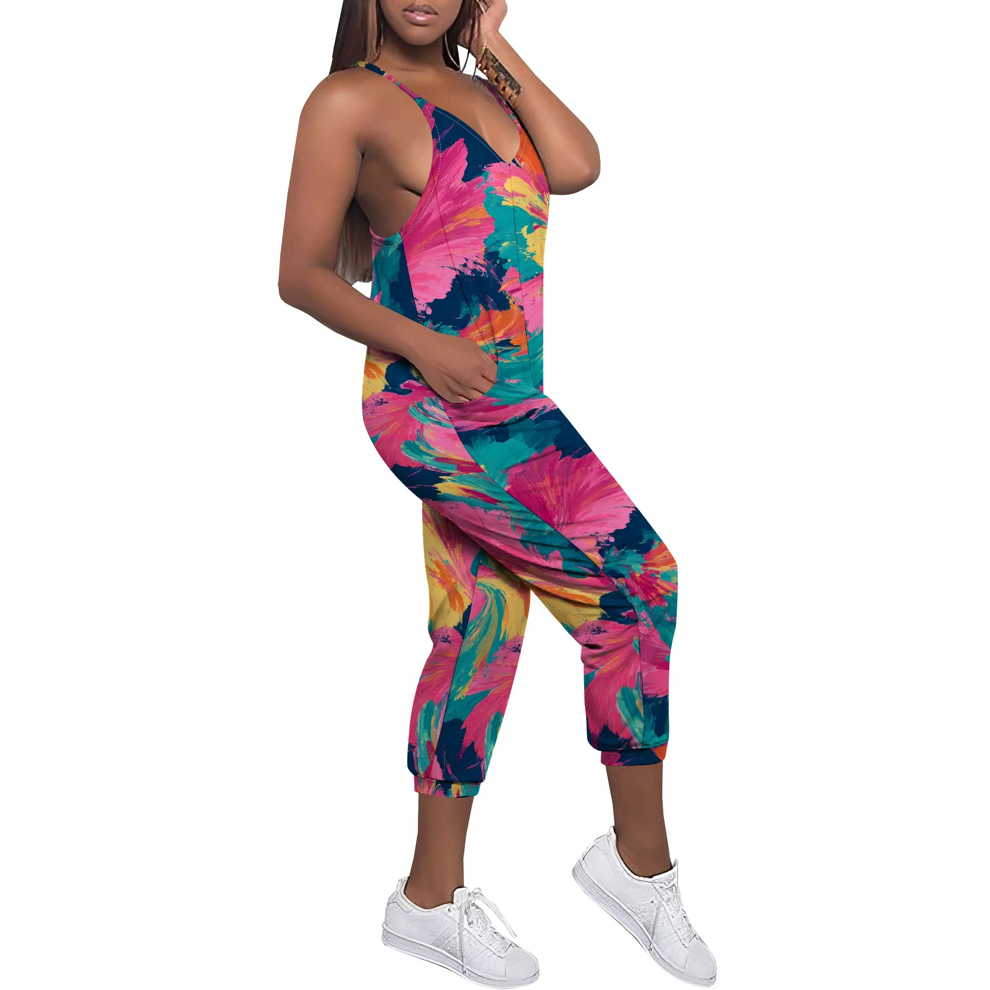 2025 Plus Size Bohemian Summer Fashion Women Overalls Sexy Backless Suspender Bodysuit Travel Floral Print Jumpsuit