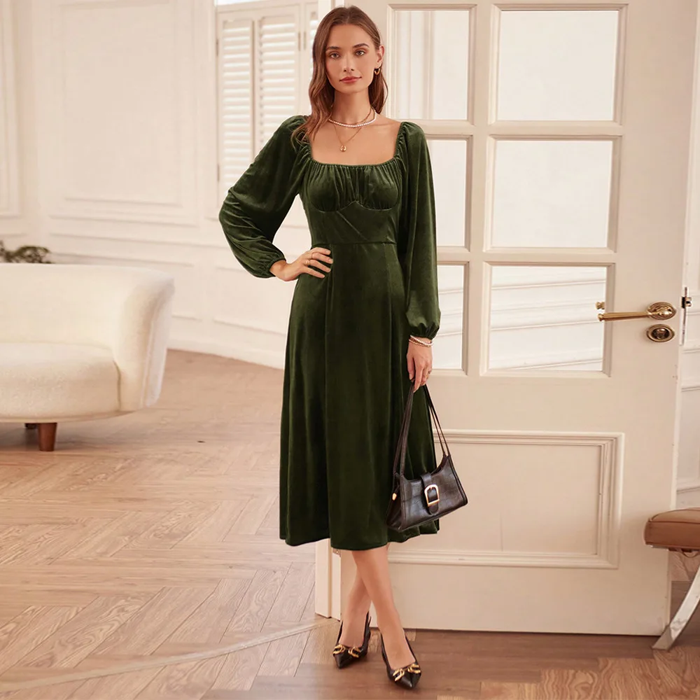 Women Autumn Winter New French Vintage Slim Square Neck A Line Long Sleeve Velvet Dress