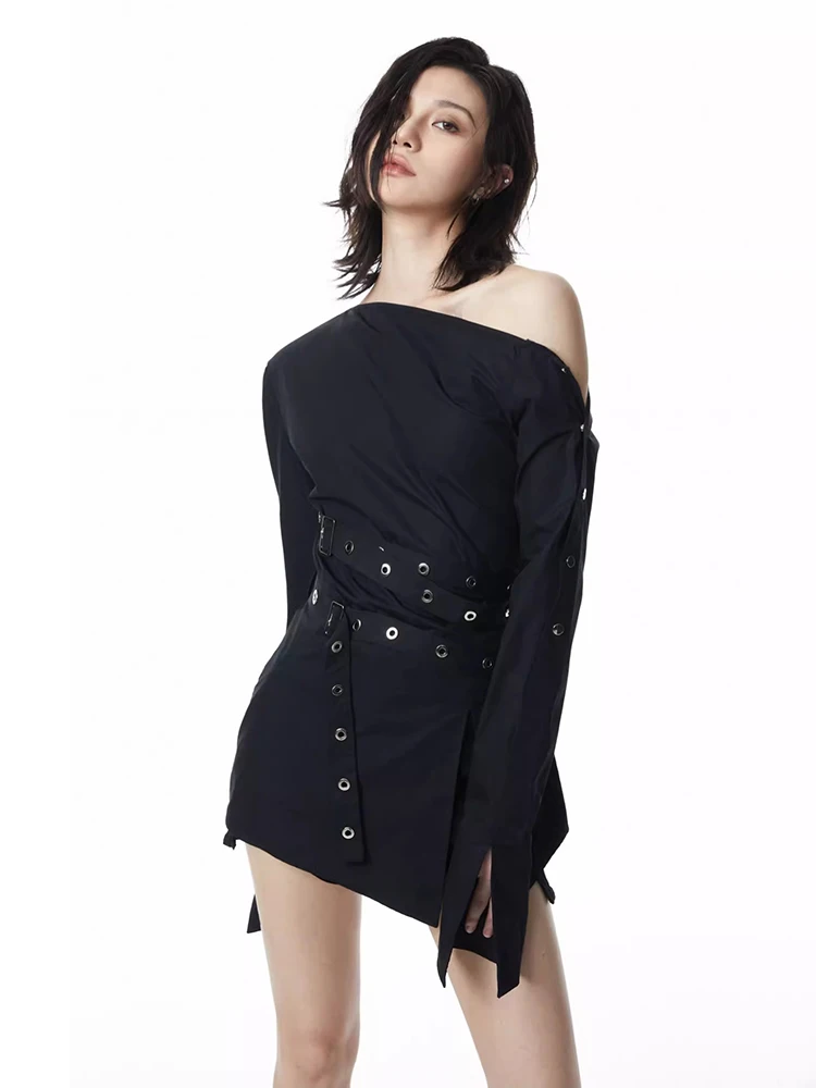 ReddaChic Retro Black Slant Shoulder Shirt Dress Women Long Sleeves Double-belt Strappy Split Acubi Fashion One-piece Mini Dress