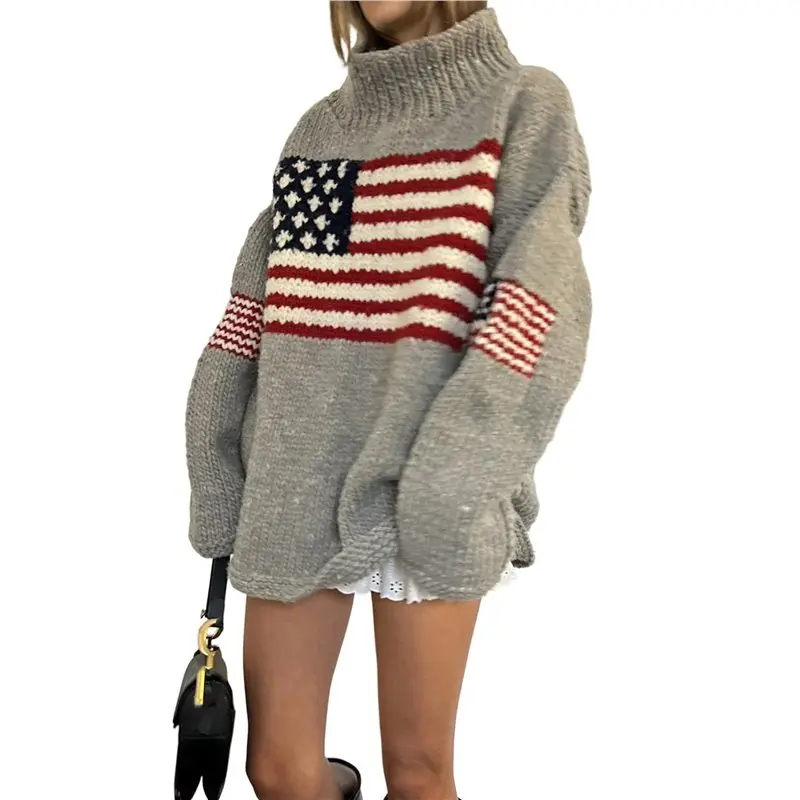 

Женский свитер с флаговым принтом, длинными рукавами и круглым вырезом, повседневный свободный пуловер, серый, размер M