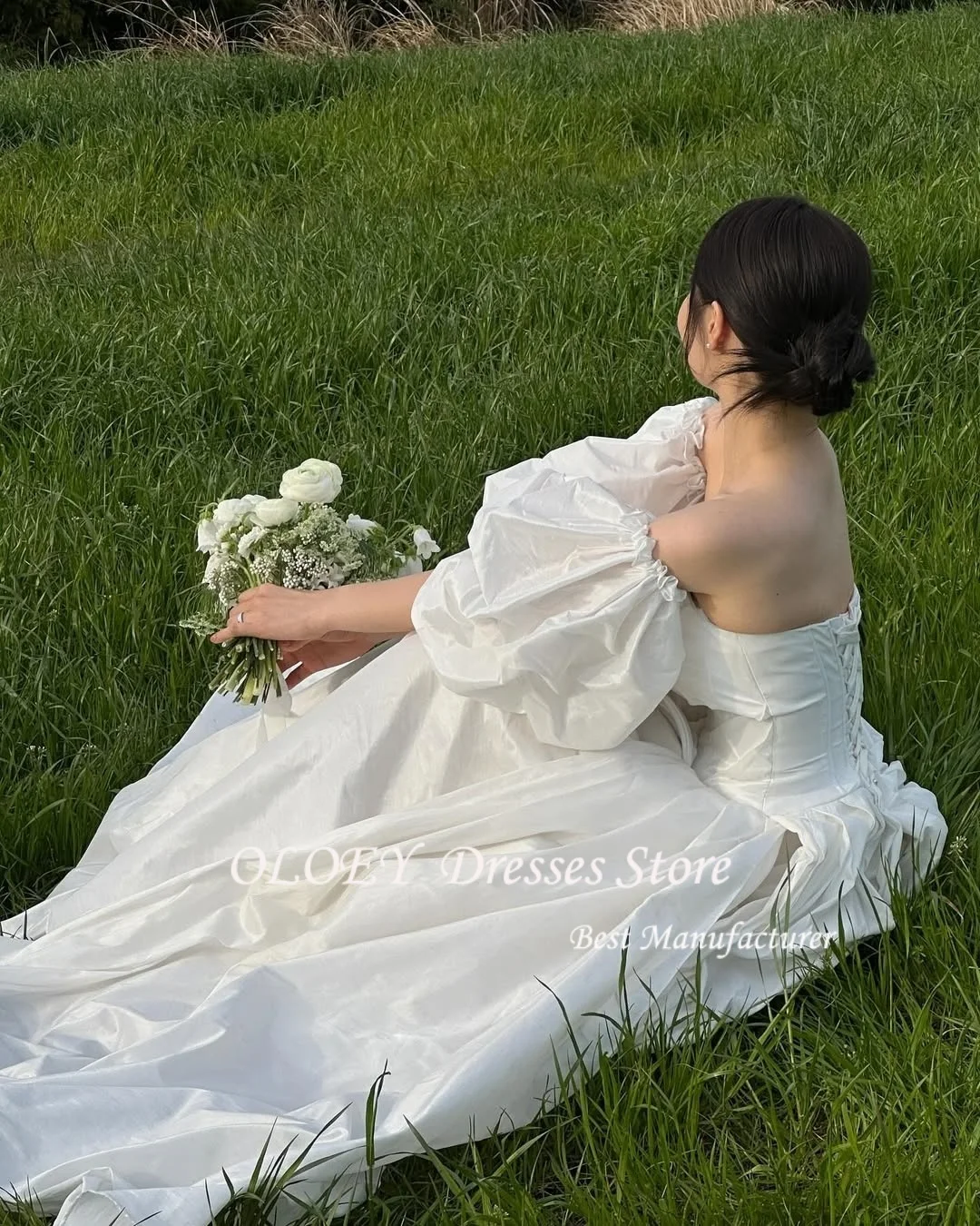 OLOEY Sweetheart A 라인 한국 웨딩 드레스 맞춤형 태피터 플리츠 코르셋 백 신부 가운 짧은 랜턴 슬리브 신부 드레스