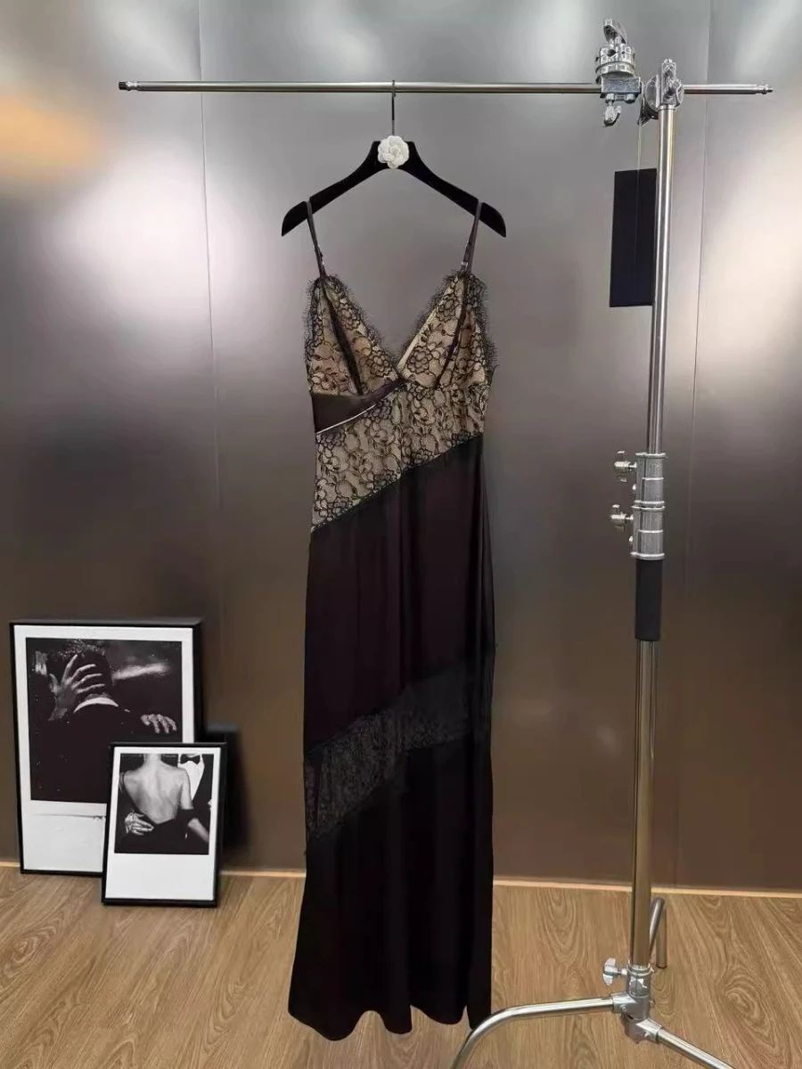 CHICEVER 솔리드 스플라이스 레이스 섹시 드레스 여성용 브이넥 민소매 슬림핏 아메리칸 레트로 여성 드레스 여름 패션 스타일 신상