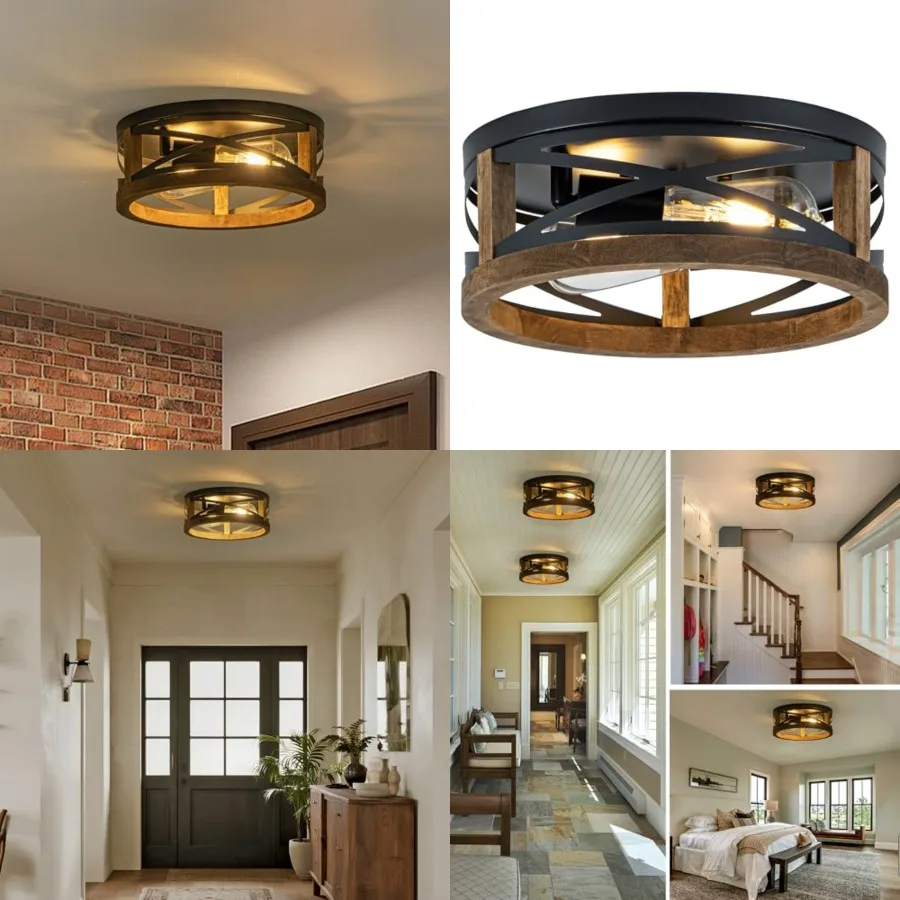 Farmhouse Ceiling Light, 2-Light Round Flush Mount Ceiling Light with Wood and Metal Frame, Black Rustic Light Fixture for Hall