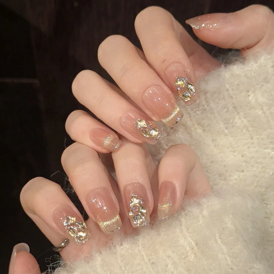 

10Pcs Mid-length Square Head Handmade Fake Nails Cat's Eye Rhinestone Design Press on False Nails Wearable Full Cover Nails Tips