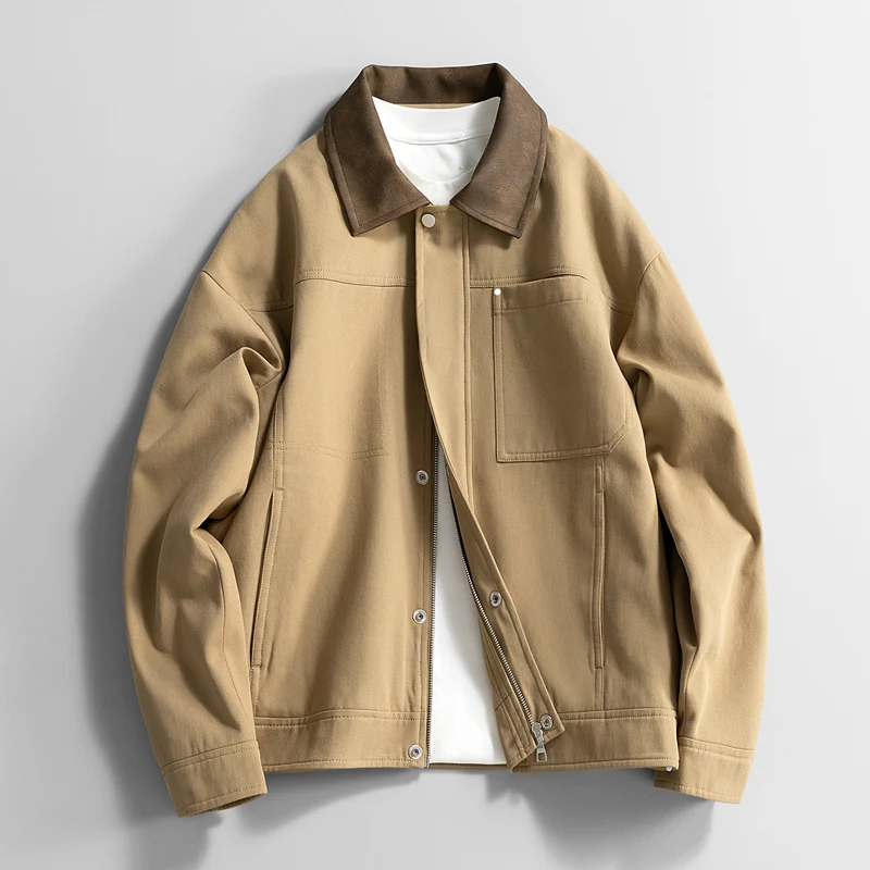 

GIOIOM's Jacket, новая весенне-осенняя свободная повседневная мужская куртка в американском стиле Barn с кожаным воротником и цветными блоками