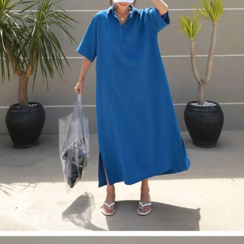 Robe Maxi Décontractée à Manches Courtes pour Femme, lèvent, Style Coréen, Col Rabattu, Couleur Unie, T-shirt, Été