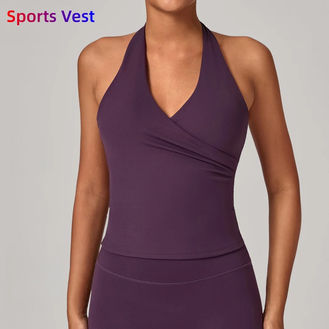 

Новый женский спортивный топ с V-образным вырезом и завязками на шее, облегающий, с красивой спинкой, для йоги, фитнеса, бега на улице, тренировок в спортзале, топ-бра для йоги