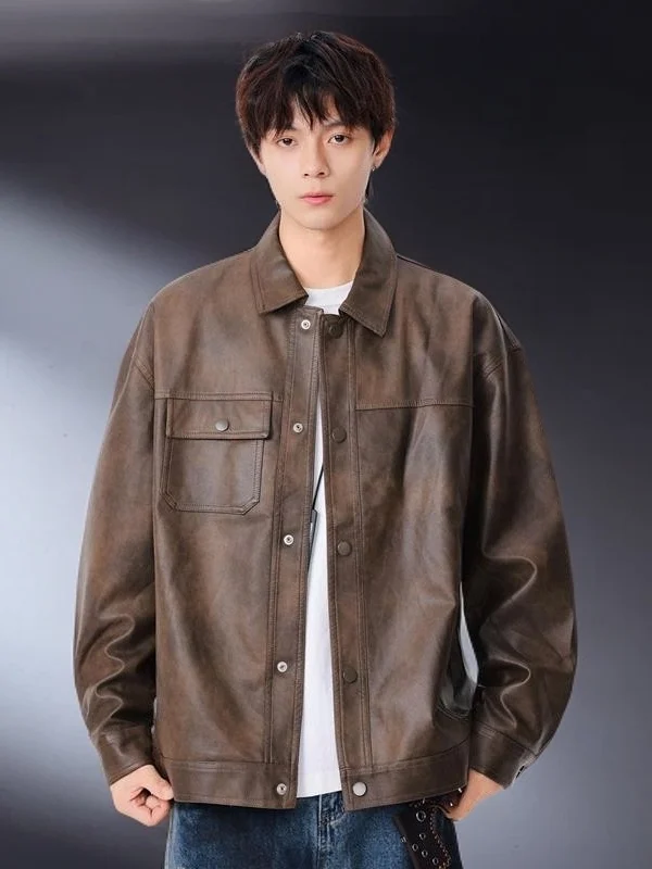 

Retro Men's Workwear Jaet Collared Coat Trendy Japanese Sle Leather Outerwear Windproof Long Sve Stand Fit Youth Fa...