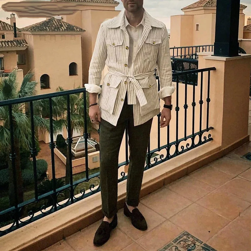 

Europe America 's Spring and Autumn Wear Striped Multi-Pocket Long Sleeve Fashion Casual Men's Cardigan