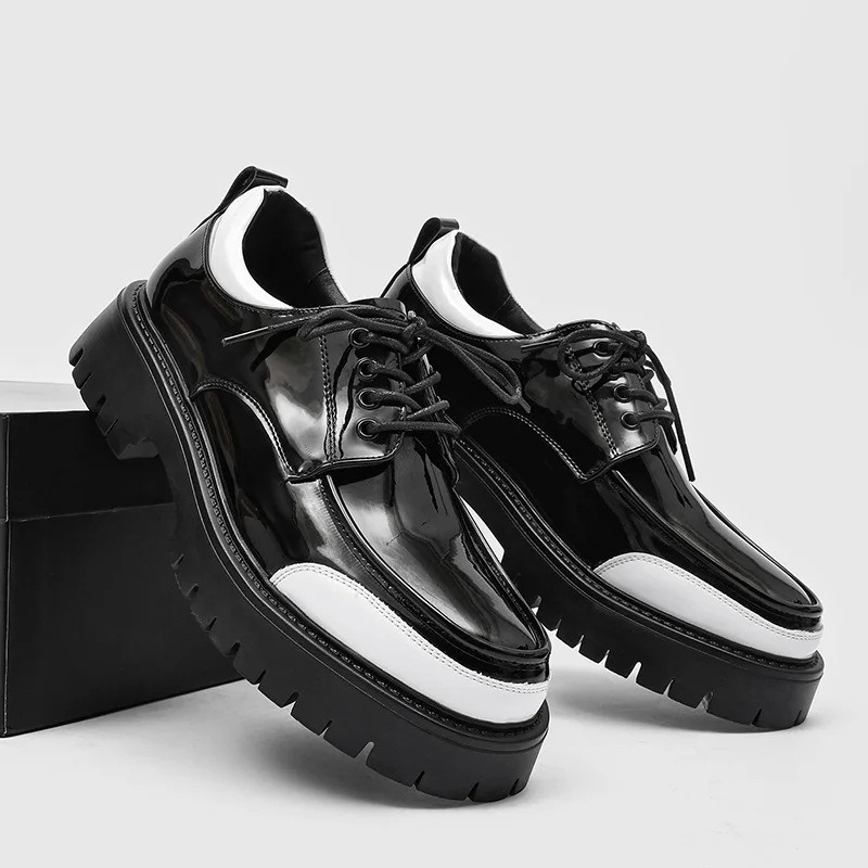 

Men's Business Shoes Black White Men Shiny Wide Foot Business Shoe British Chunky Male Derby Shoes Luxury Brand Men Dress Shoes