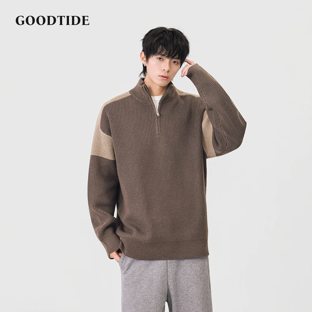 Fashion Men's Casual Half - Zip Mock Neck Sweater 2025 Winter Contrast Panel Ribbed Knit Pullover Soft Long Sleeve Jumper Top