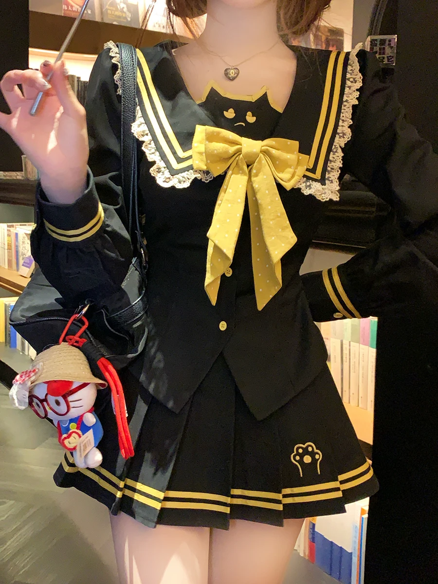 Autumn College Style Navy Collar Long Sleeve Top Cute Bow Short Black Top Coat Autumn New Black Short Skirt