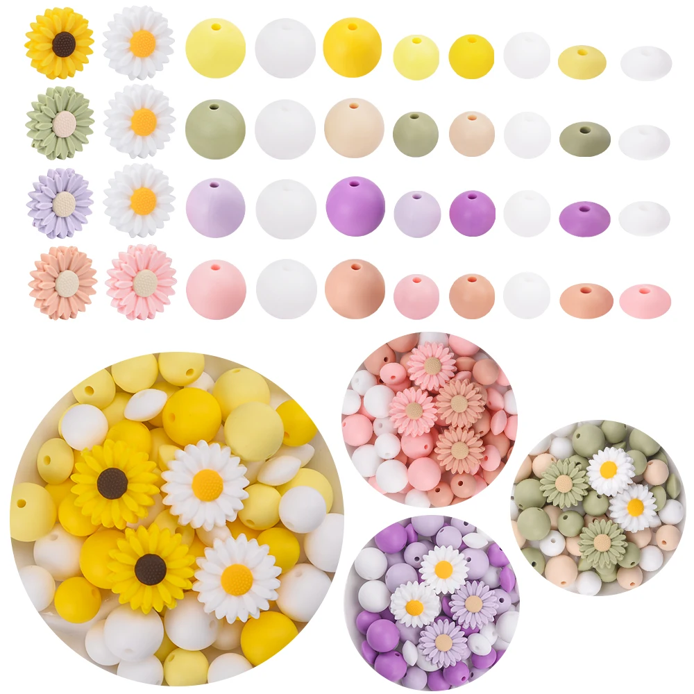 LOFCA69Pcs Silicone sunflower beads 15mm Silicone beads For to DIY necklace Teething For Infant Pacifier chain accessories beads