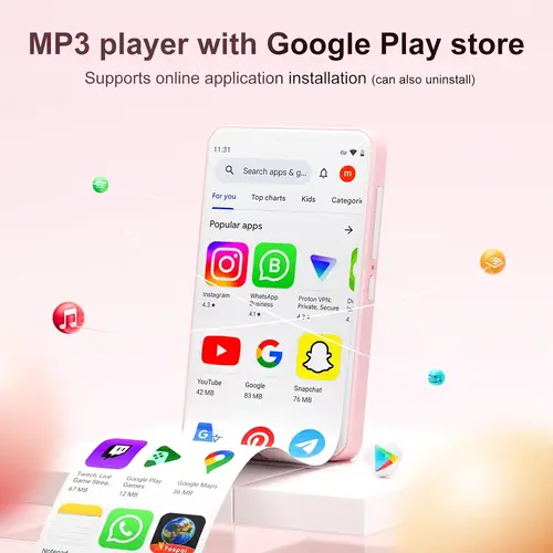Imagen 2 del producto Reproductor de MP3 Android 9.0 de 80 GB (16 GB + 64 GB) con Bluetooth y WiFi, 4,0 pulgadas con parlantes, radio FM, libros electrónicos, capacidad de hasta 512 GB