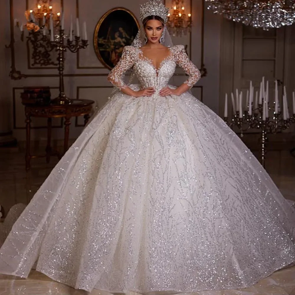 Maßgeschneiderte Ballkleid Sparkly Brautkleider V-ausschnitt Langarm Robe De Mariee Spitze Perlen Prinzessin Glitter Vestido De Novia