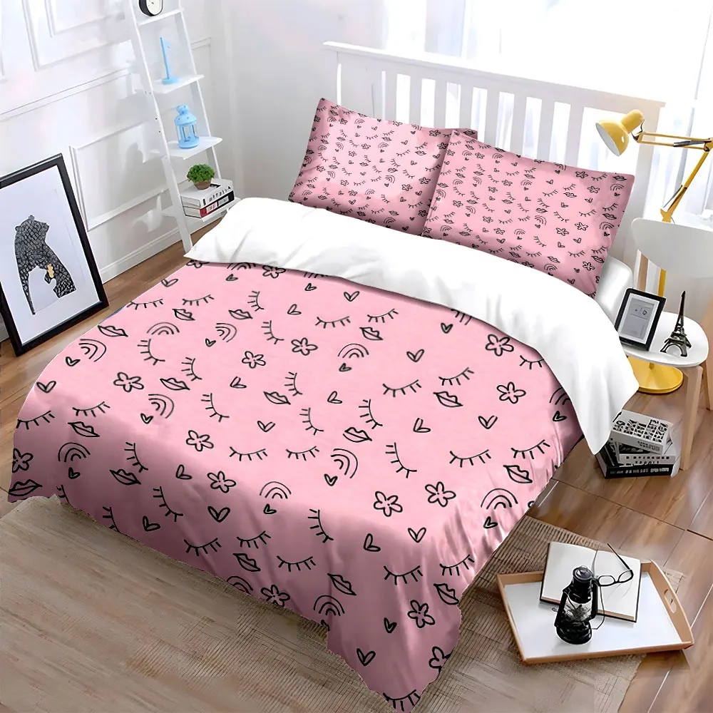 Pink background with cute doodles Duvet Cover Set with 3D Printing Design Soft Polyester Bedding Set All-Season Comfort