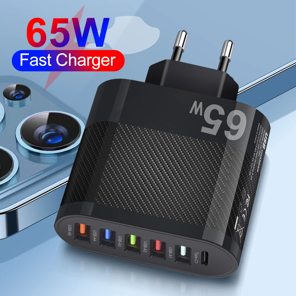 

Total 65W 6 Ports USB Charger Fast Charging USB Type C Mobile Phone Charge Adapter For iPhone Samsung Xiaomi Huawei Wall Charger