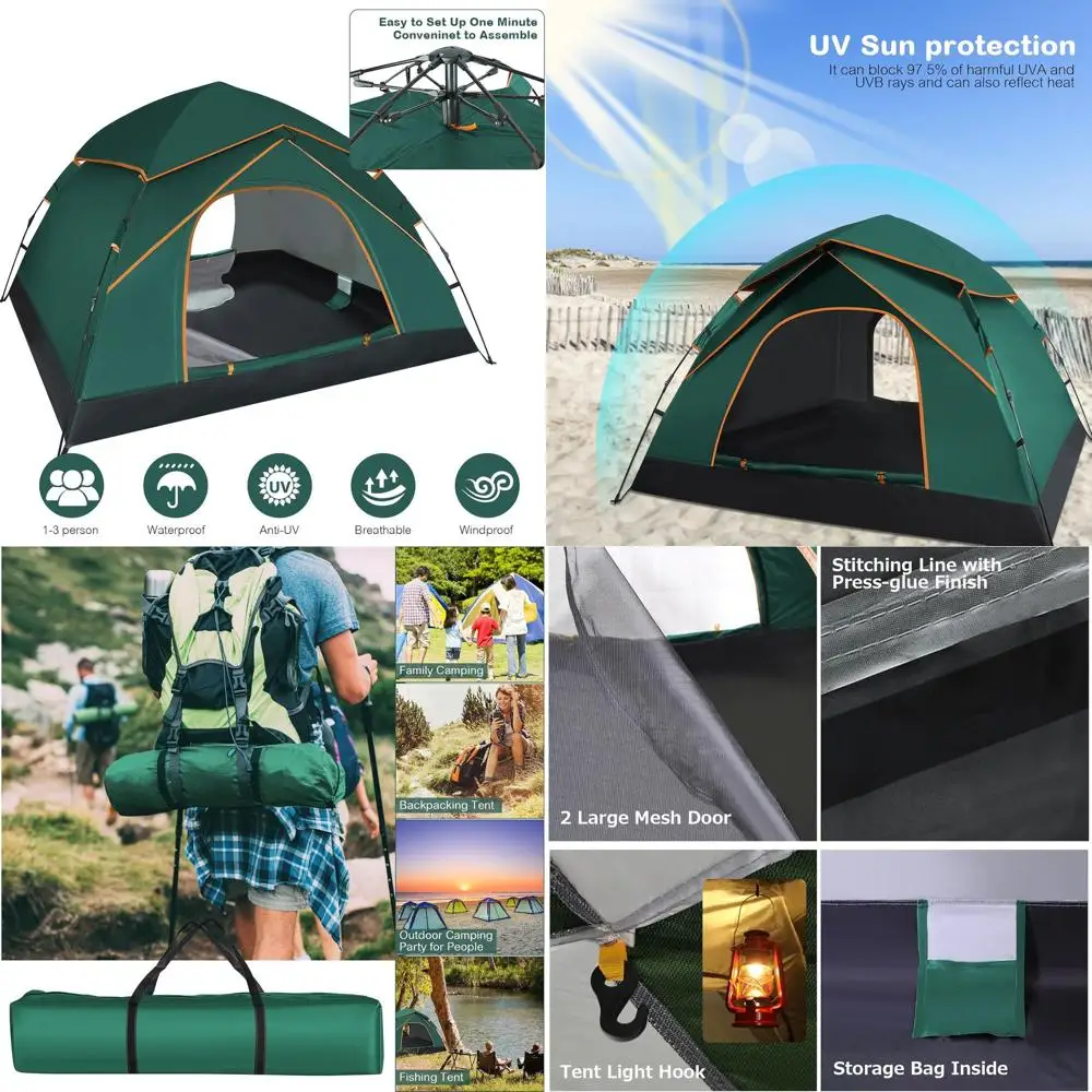 

Quick Setup 2-3 Person Automatic Dome Tent for Family Camping, Hiking, and Hunting - Waterproof and Lightweight