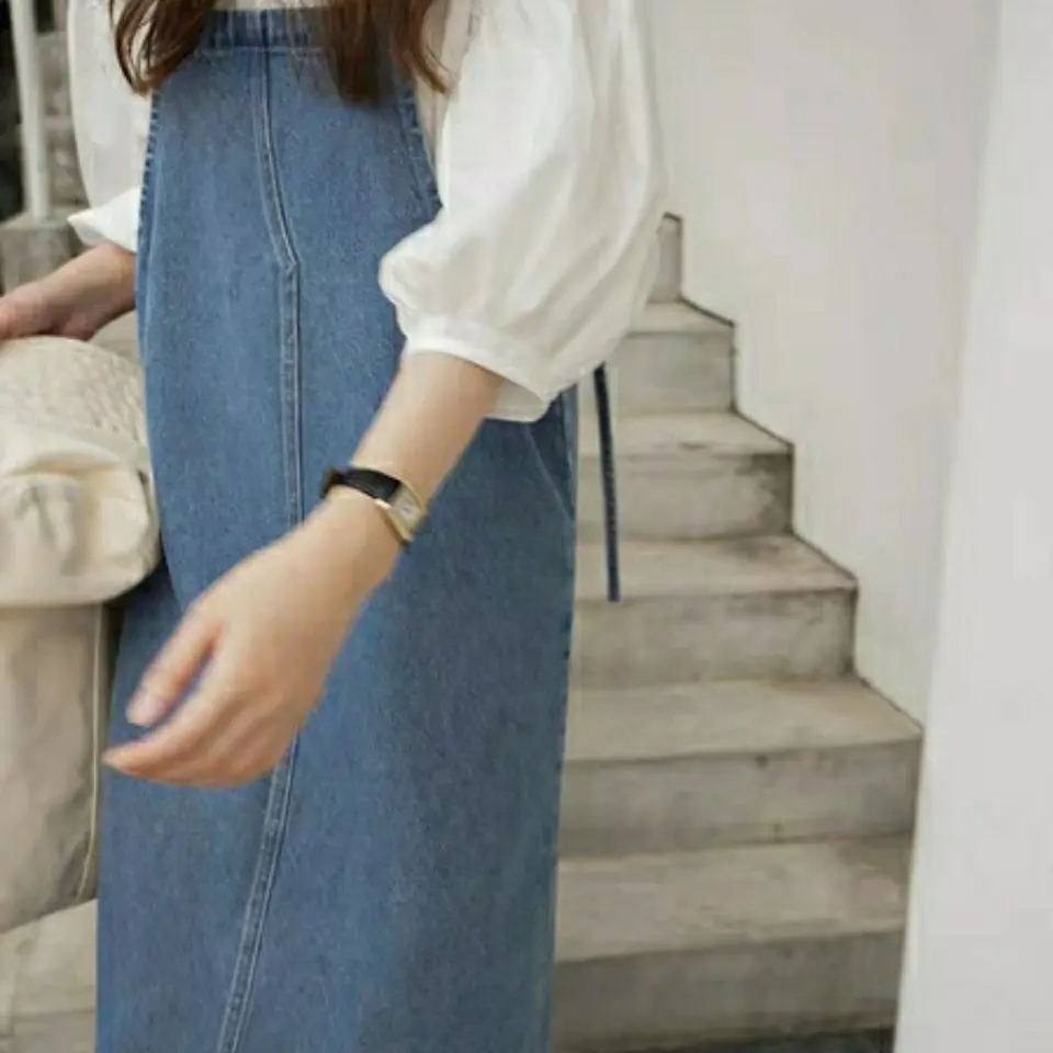 New 2023 Summer Clothing Suspender Dress Women Korean Loose Slimming Mid-Length Split Retro Denim Suspender Dress