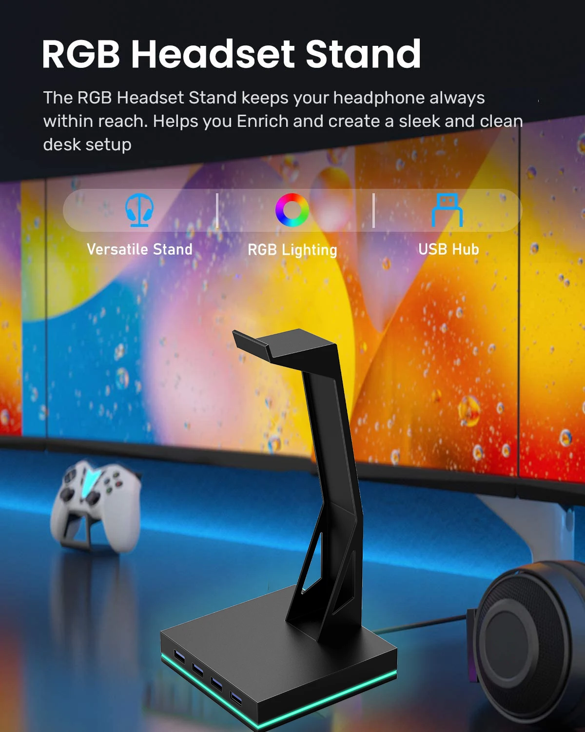 Hot Sale RGB Gaming Stand 4 USB 2.0 Hub Headset Stand Gaming Headphone Holder for Gamer Gaming PC Accessories view 6